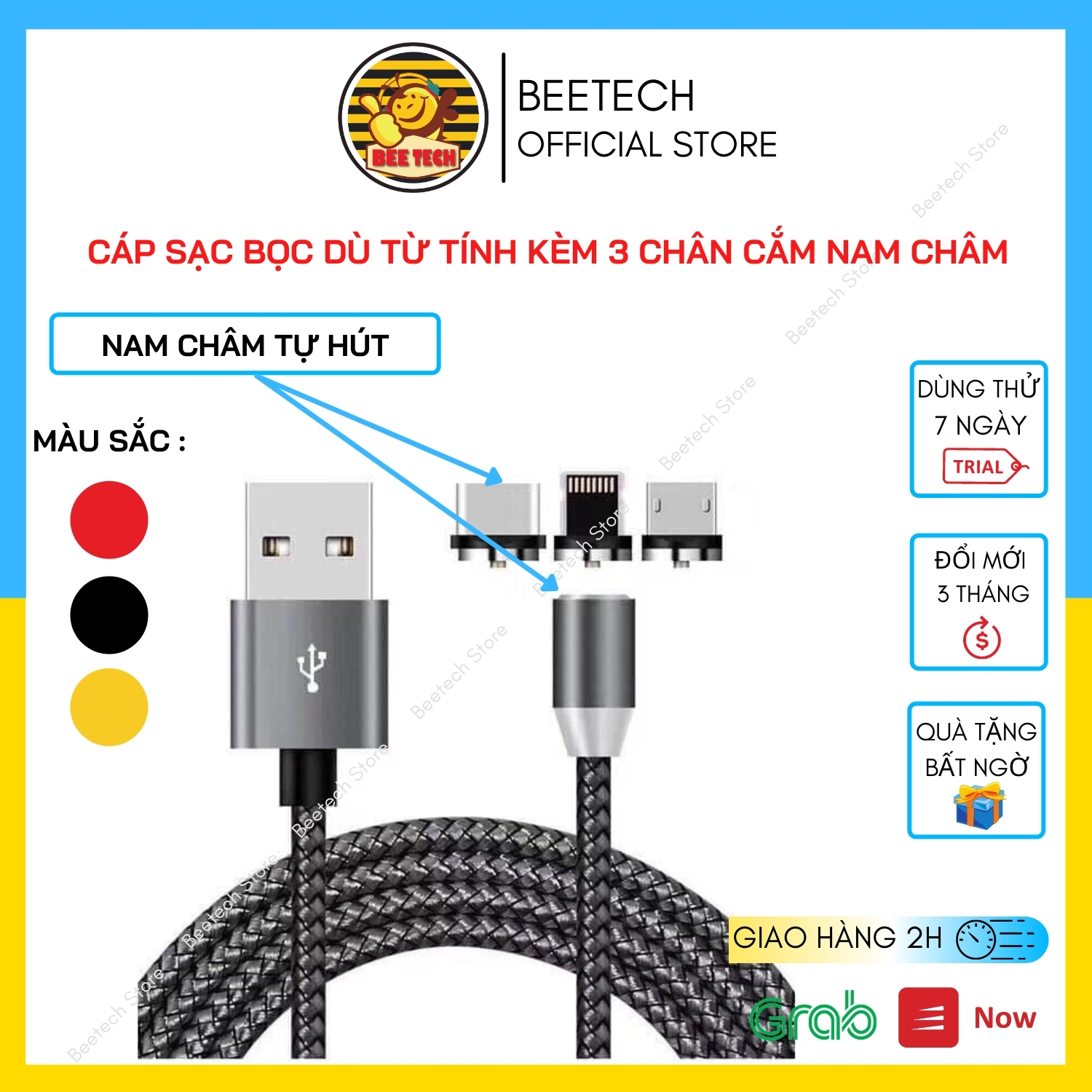 Cáp sạc nam châm 3 đầu xoay 360, Dây bọc dù - Beetech