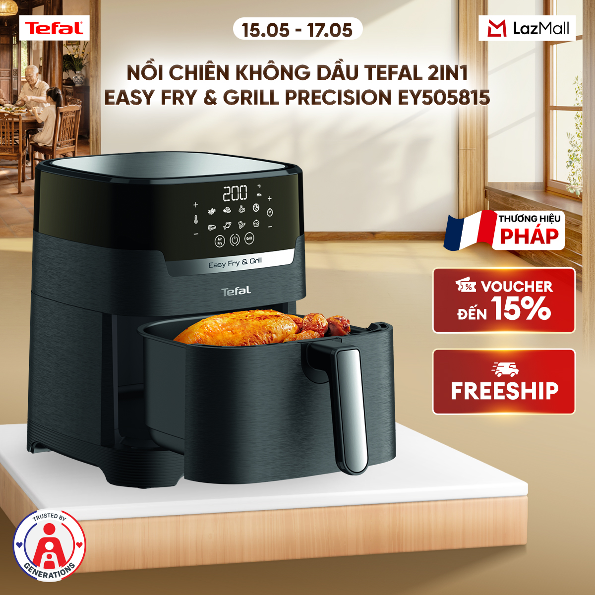 Nồi chiên không dầu Tefal 2in1 EY505815 - 4.2L - Điện tử