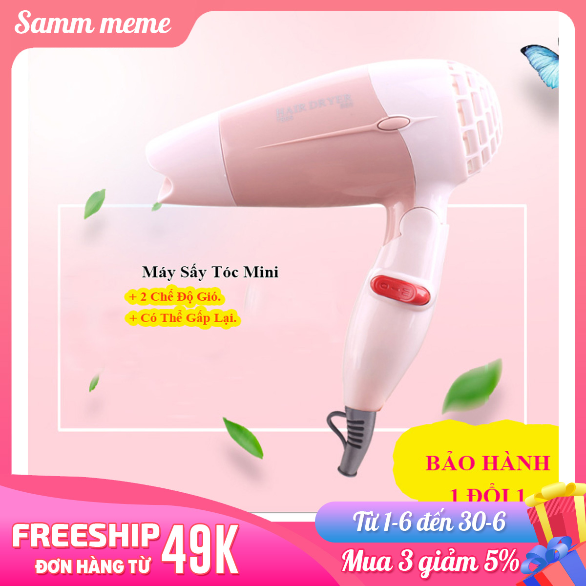Máy sấy tóc mini có thể gấp lại gió cực mạnh - máy sấy tóc mini màu hồng siêu dễ thương