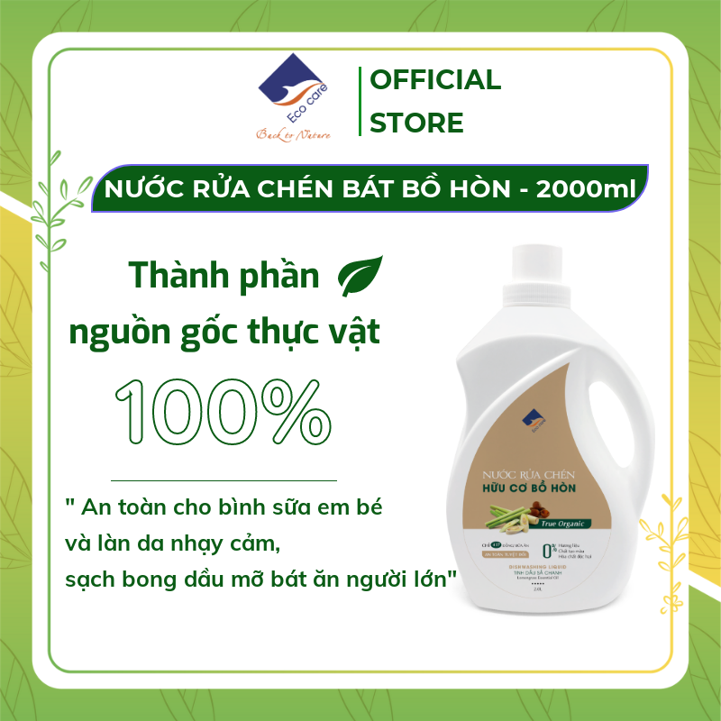 Nước rửa chén hữu cơ Bồ hòn Ecocare 2000ml, Nước rửa bát hữu cơ 100% từ thiên nhiên, không sử dụng hương liệu và hóa chất độc hại, An toàn cho chén đĩa trẻ em, Mềm mịn cho da tay