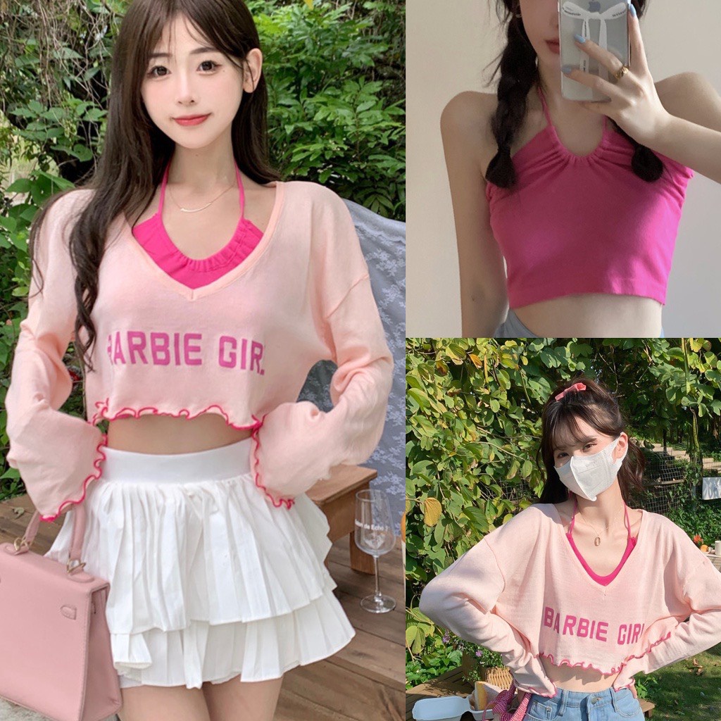 Bộ Áo Croptop Chạy Viền Barbie Áo Yếm Nữ Kèm Áo Trong In Chữ 2 Màu