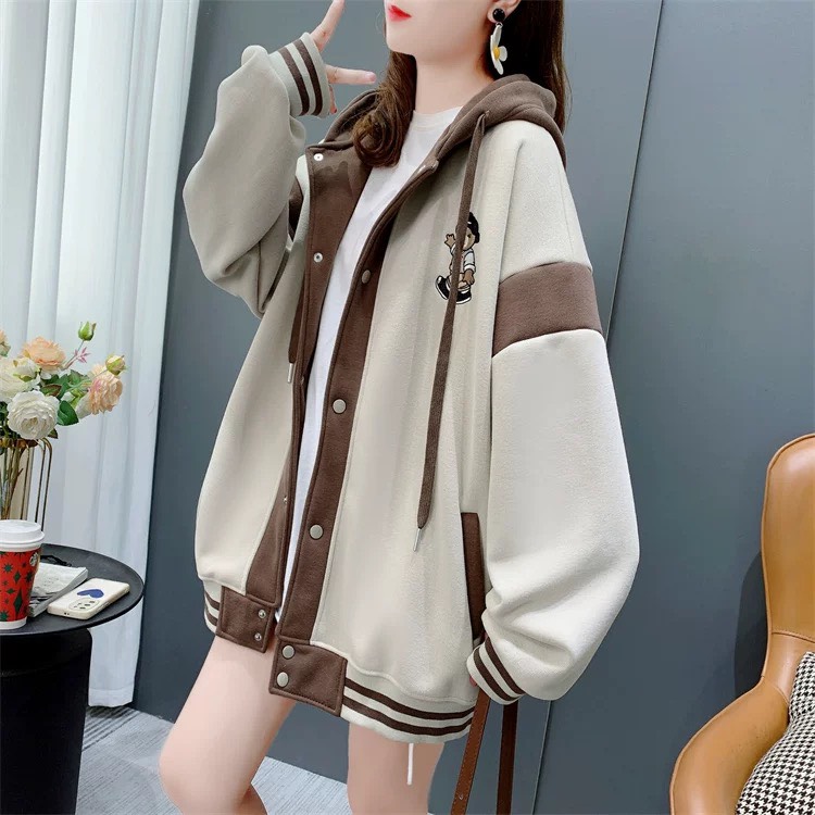 Áo Bomber Unisex - Áo khoác nỉ Hoodie mũ trùm đầu 2 lớp thêu hình gấu dễ thương