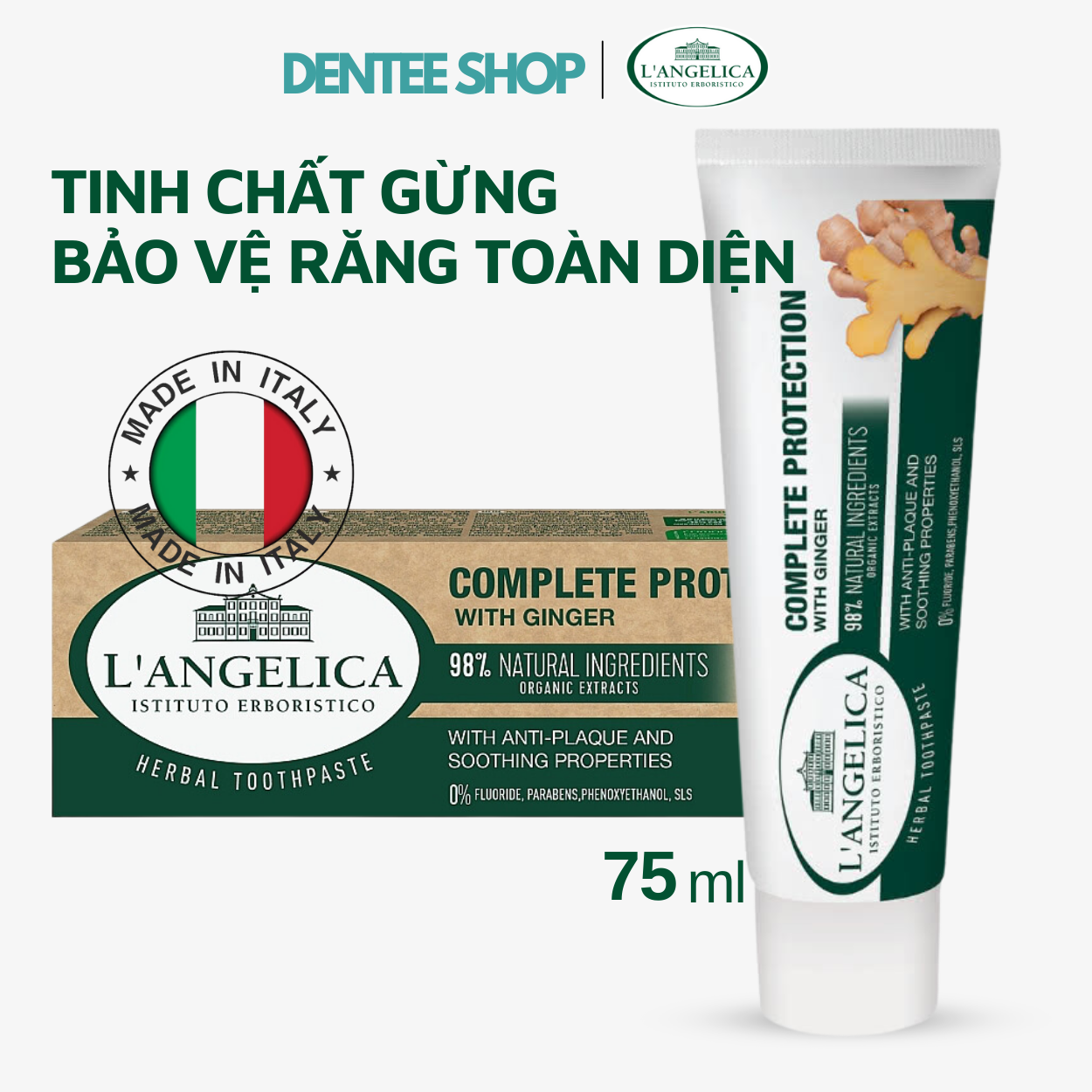 Kem đánh răng thảo dược vị gừng hữu cơ L'Angelica Ginger Complete Protection 75ml