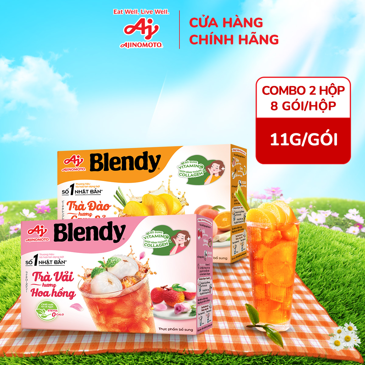 Combo 1 Hộp Trà Đào Hương Cam Sả Blendy® 88g/Hộp và 1 Hộp Trà Vải Hương Hoa Hồng Blendy® 88g/Hộp (1 Hộp 8 Gói)