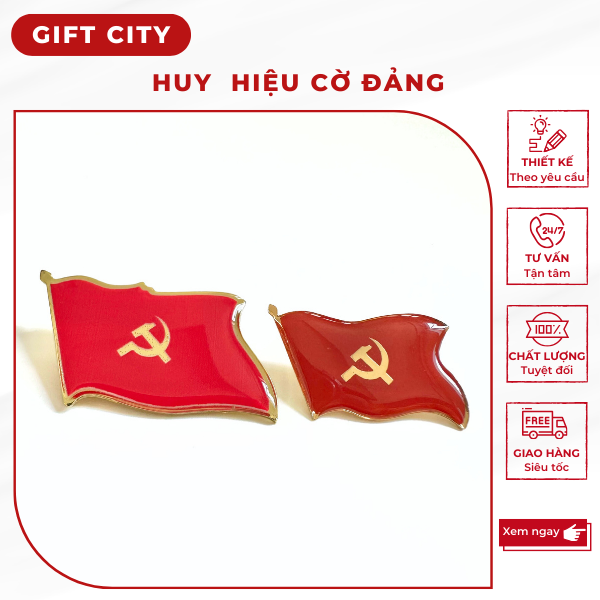 Pin cài áo lá cờ hình búa liềm bằng đồng mạ vàng 24k