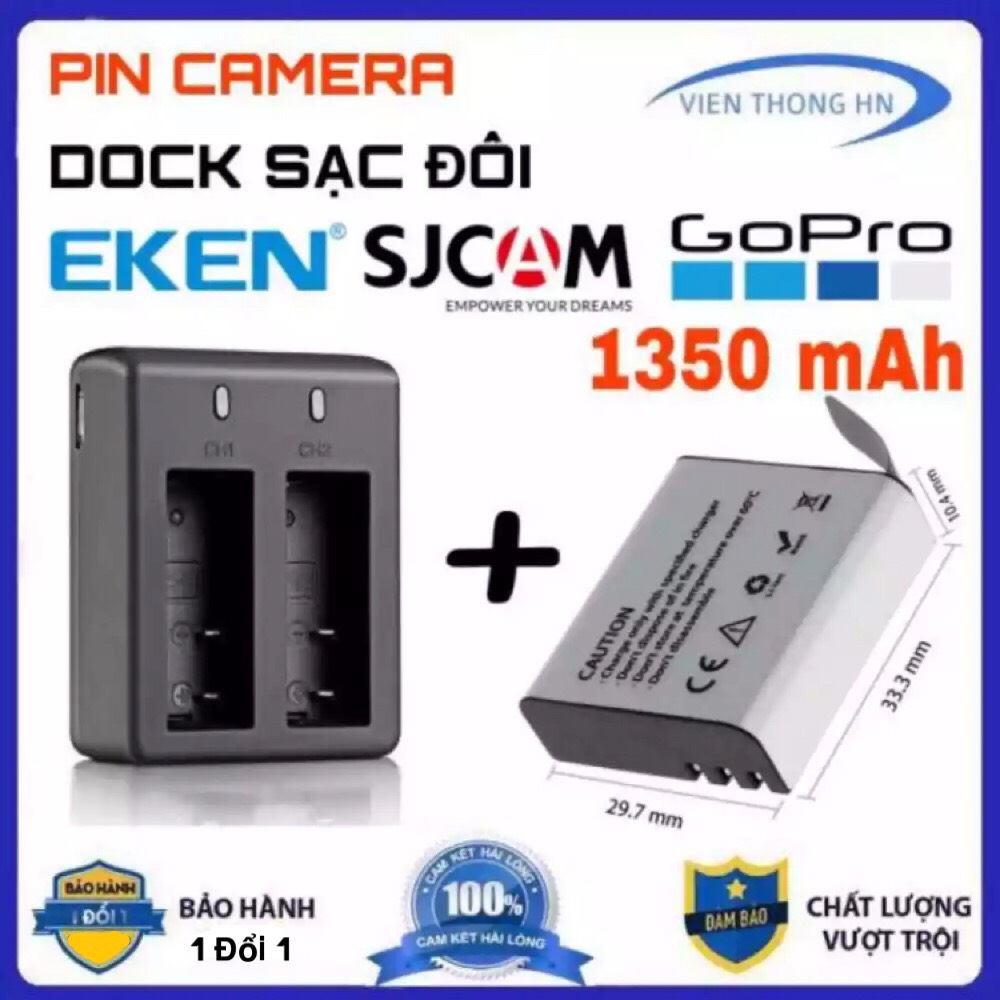 Combo Pin 1350 mAh + Dock Sạc Đôi Cho Mọi Camera Hành Trình Eken H9r SJCAM 4000 Amkov Camera 4k