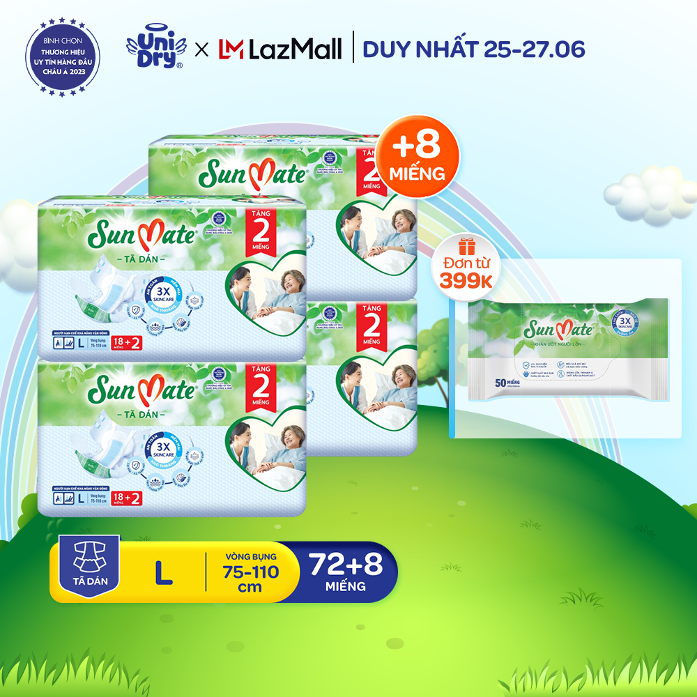 Combo 4 tã dán người lớn sunmate size m/l/xl18 + 2 miếng