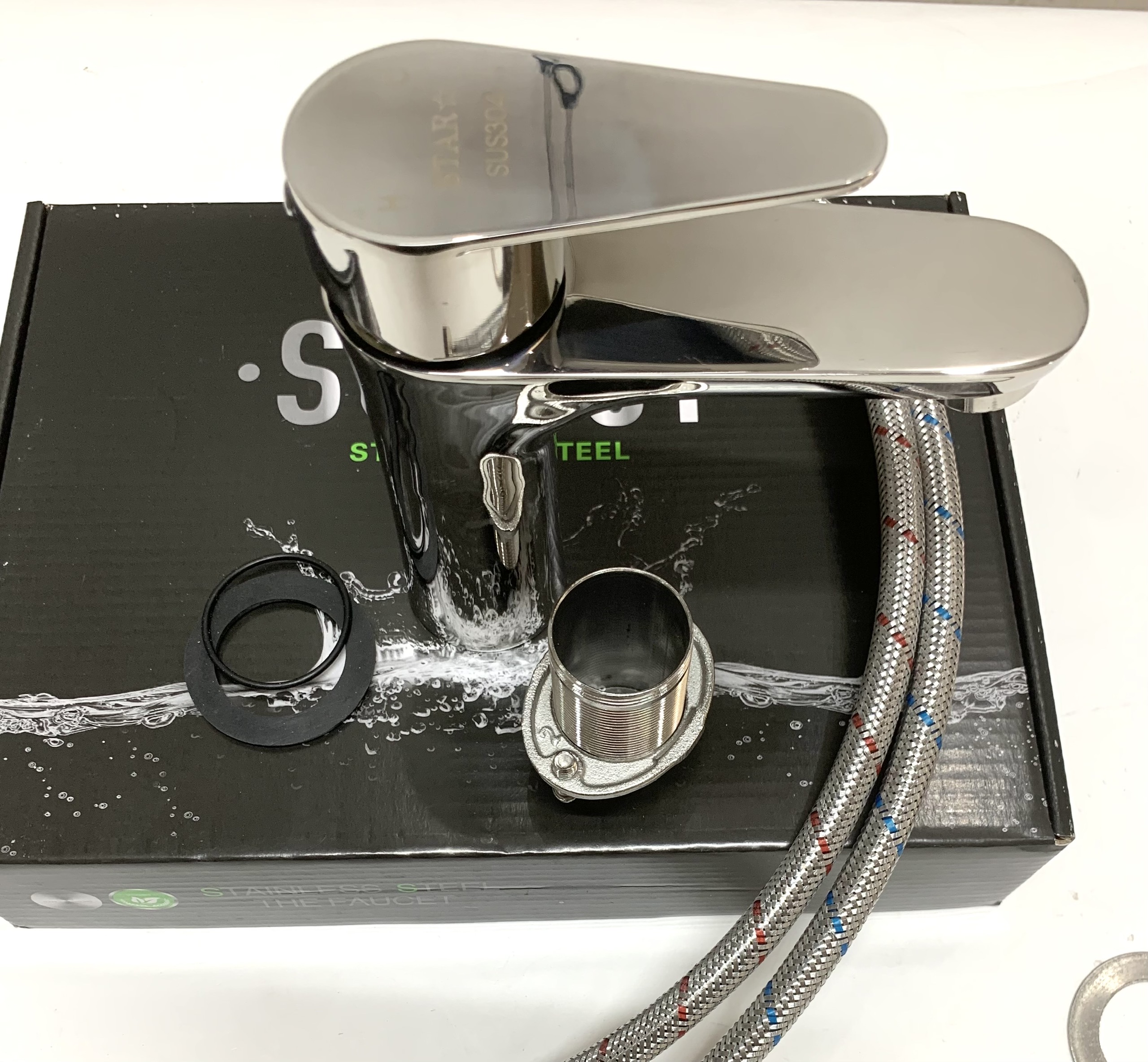 Vòi lavabo rửa mặt nóng lạnh thân tròn inox 304 bóng cao 20cm