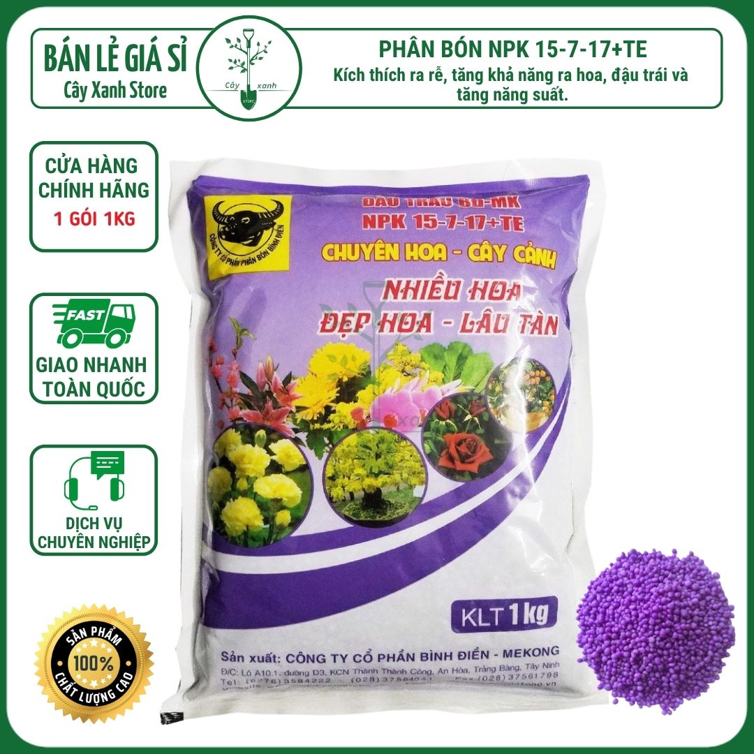 Phân bón Đầu Trâu NPK 15-7-17+TE Bình Điền - Giúp Ra Nhiều Hoa, Hoa Lâu Tàn, Chuyên Cho Hoa, Cây Cảnh | Cây Xanh Store Phân Phối Hạt Giống Rau Củ quả, Xơ Dừa Nén, Mùn Dừa Nén, Phân Bón Hữu Cơ Trồng Rau Sạch, Hoa Hồng, Cây Cả