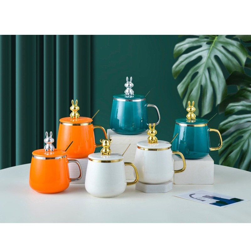 Cốc sứ con gấu kèm ống hút để bàn làm việc sang trọng bàn uống nước pha coffee