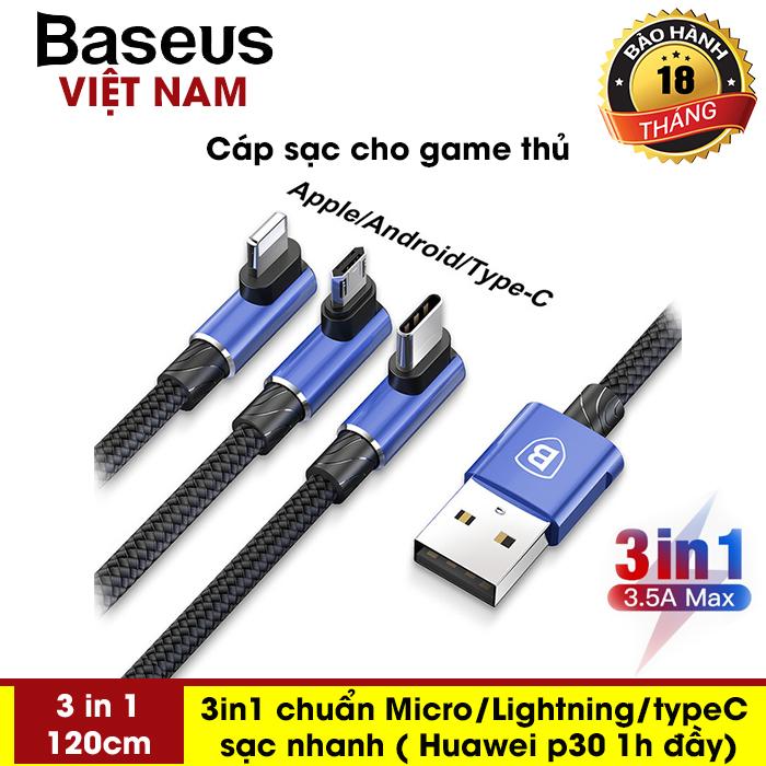 Cáp sạc đa năng BASEUS thiết kế gập 90 độ Series 3 đầu Lightning - MicroUSB - Type-C dài 120cm hỗ trợ vừa sạc vừa chơi game - Phân phối bởi Baseus Vietnam