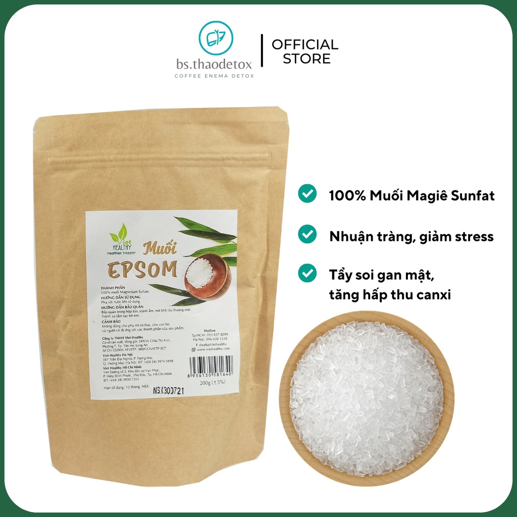 Muối Epsom Viethealthy 200g thực phẩm dùng trong y tế Uống Được Muối Đắng Magnesium Sulfate thải độc giảm đau khớp