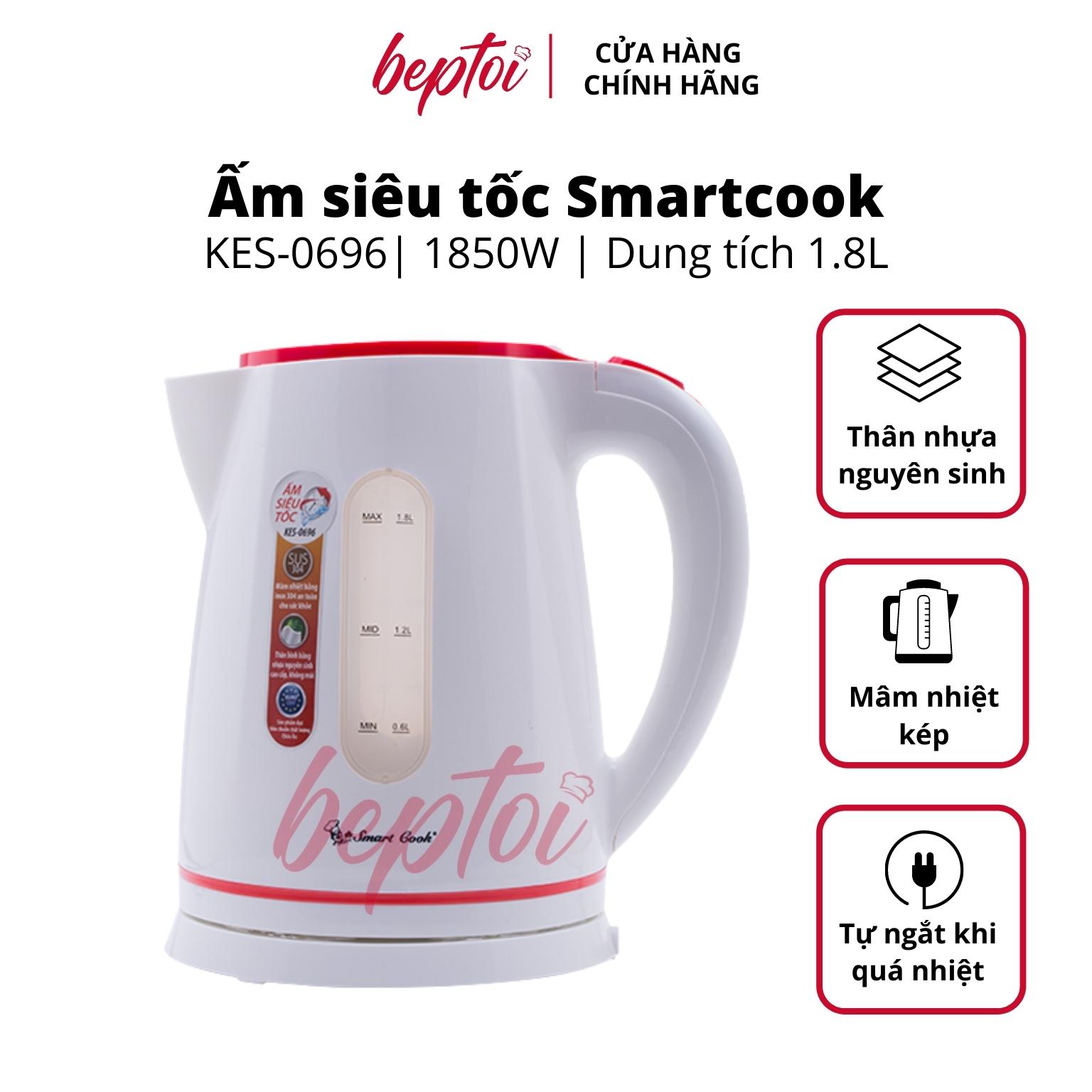 Bình đun siêu tốc, ấm siêu tốc bền đẹp, thân nhựa cao cấp, dung tích 1.5L Smartcook KES-0696