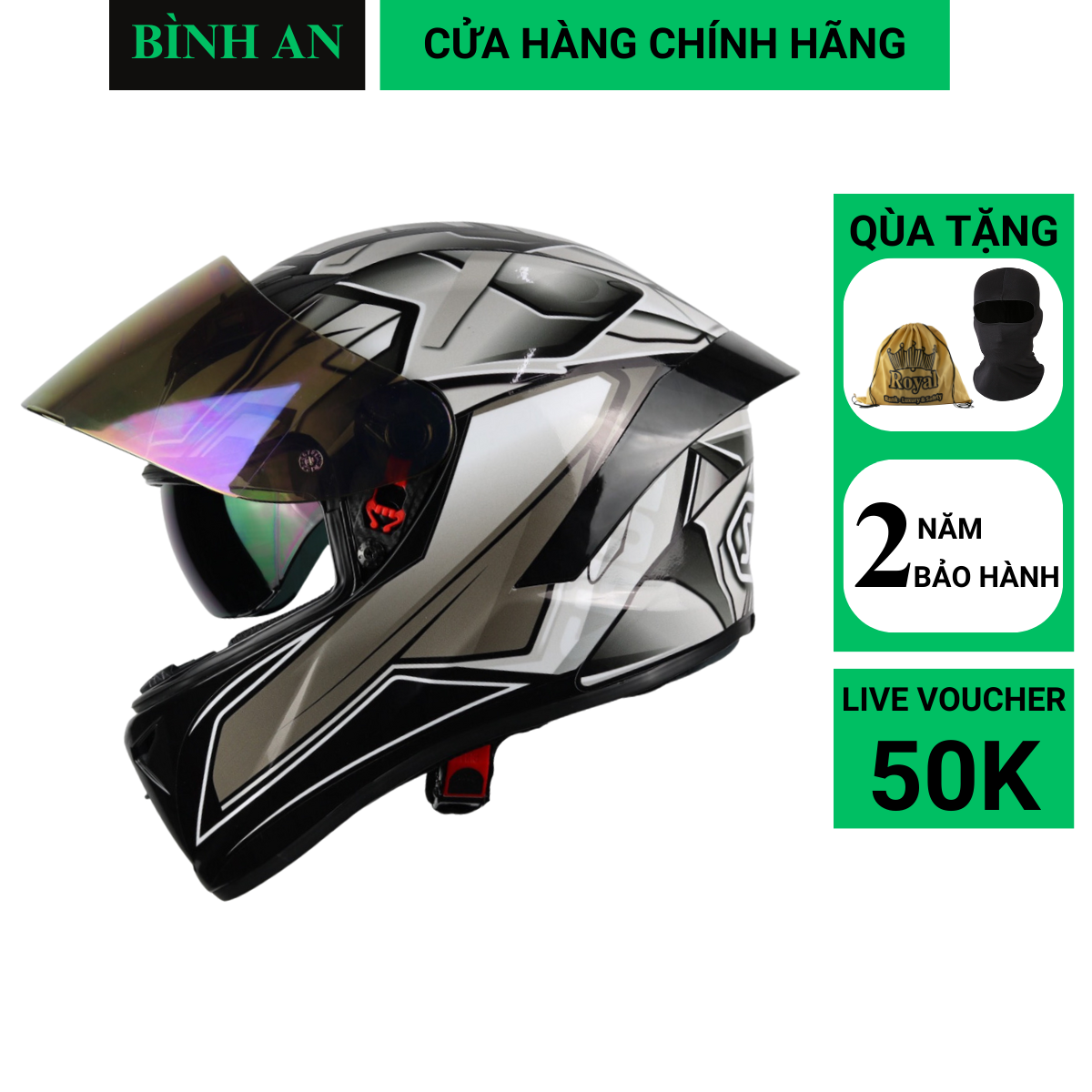 Mũ bảo hiểm fullface royal m266 2 kính lên tem shoel bạc