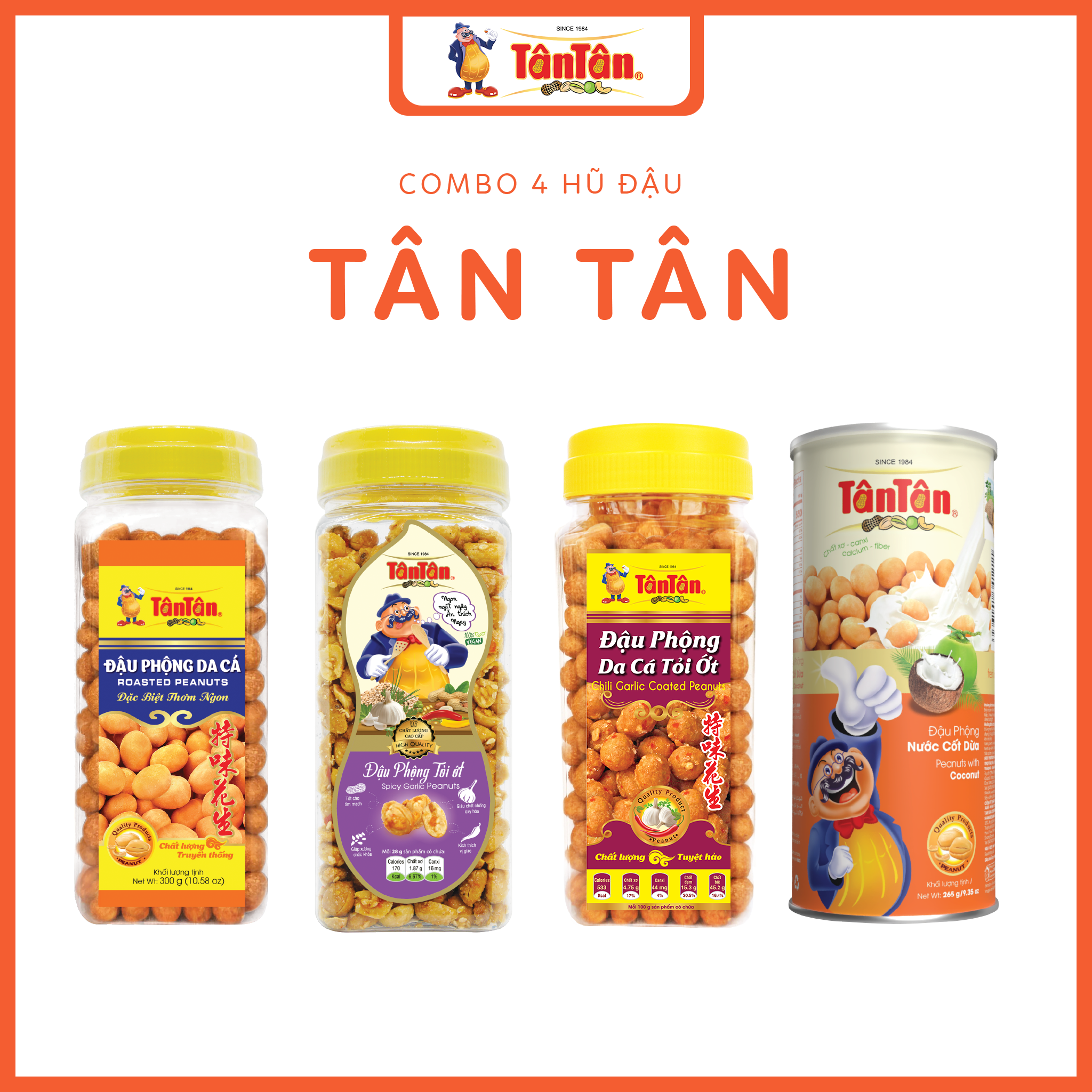 Combo 4 hộp đậu tân tân: da cá 300g, tỏi ớt 260g, da cá tỏi ớt 240g, nước cốt dừa 265g