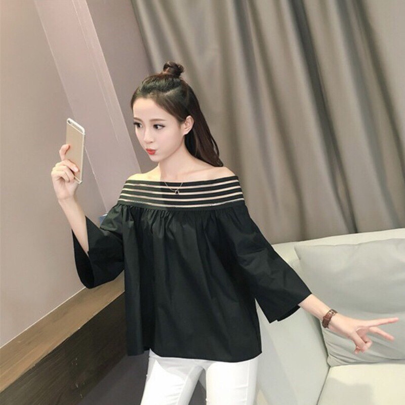 Áo trễ vai tay rộng thời trang màu đen trắng ATV0199