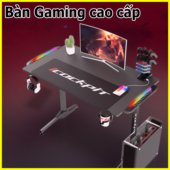 Bàn gaming cao cấp có đèn led cảm biến nhạc, bàn chơi game cho game thủ chuyên nghiệp mặt bàn gỗ phủ sợi cacbon, bàn máy tính có giá đỡ game pad, bàn laptop, bàn game cao cấp