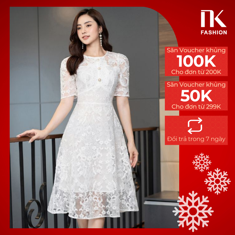 Đầm xòe nk fashion nkdv2206005 chất liệu hàn vải ren cao cấp bèo nẹp mang phong cách nữ tính