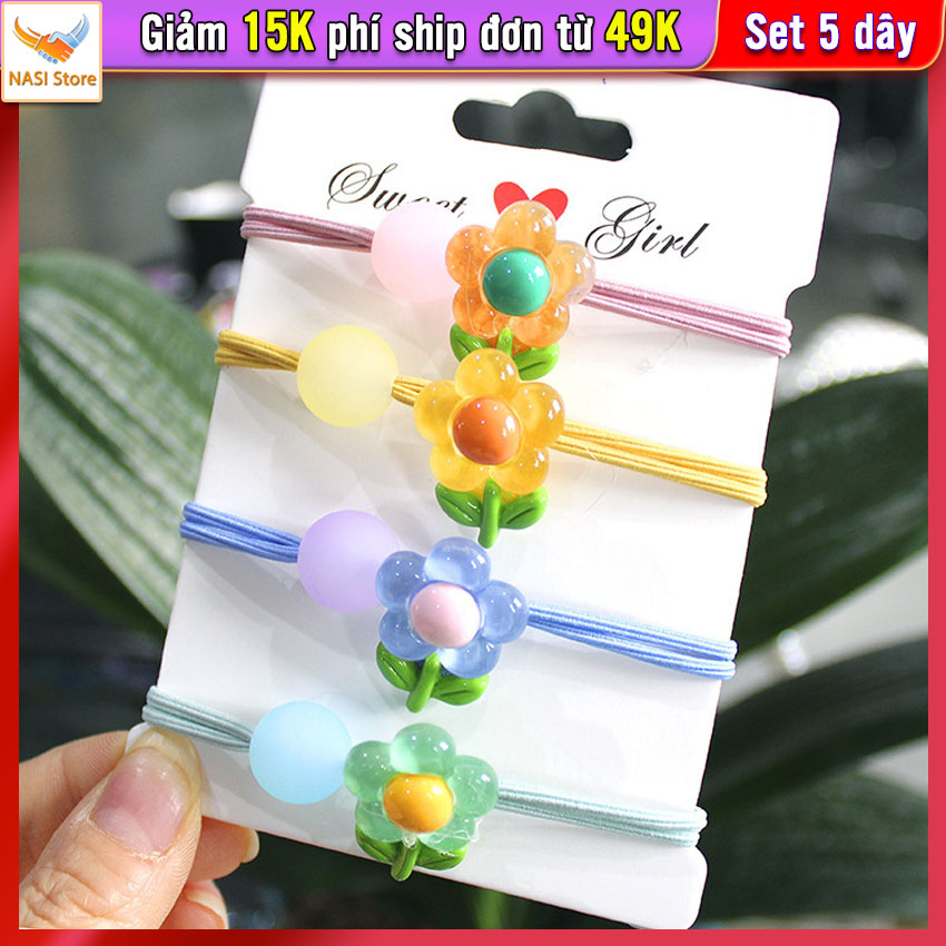 Dây buộc tóc nữ hoa nhỏ đính cườm [Set 5 dây] NASI Store dễ thương phong cách hàn quốc thun cột tóc nữ co giãn tốt phụ kiện tóc