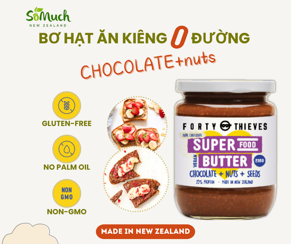 Bơ CHOCOLATE 6 LOẠI HẠT 0 ĐƯỜNG New Zealand, Bơ Ăn kiêng Hũ 235gr
