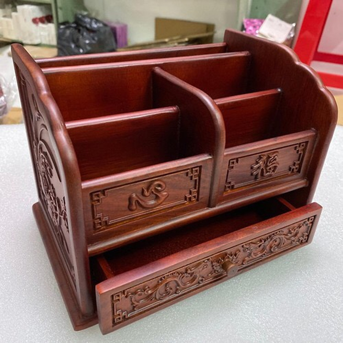 Khay hộp đựng đồ đa năng để bàn làm việc bằng gỗ hương sơn pu