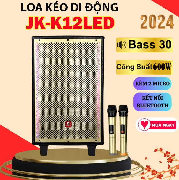 ( SIÊU PHẨM MỚI 2024 ) Loa Kéo Xách Tay Hát Karaoke Di Động JK- K12 LED Chính Hãng . Loa Bass 30Cm To Siêu Trầm . Công Suất Lớn Khủng 600W , Chíp Sử Lý DSP Vang Số  Echo , 4 Chế Độ LED RGB Đổi Màu, 2 Micro UHF Chống Hú Hát Hay . Bảo Hành 12 Tháng