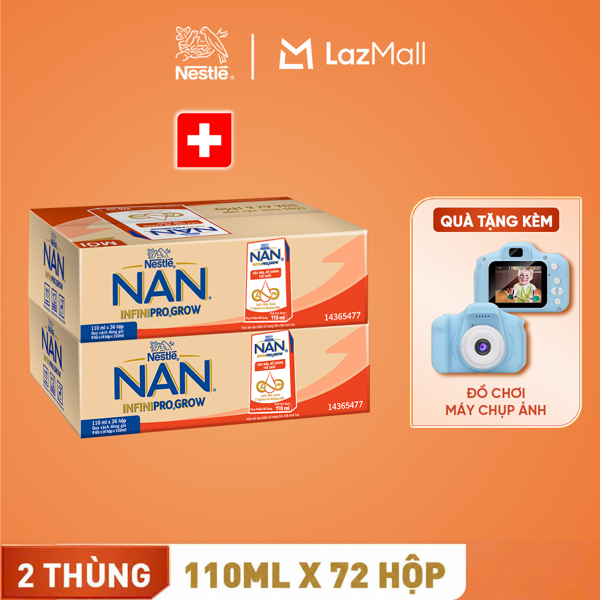 [Tặng Máy chụp ảnh] Combo 2 Thùng 36 hộp sữa pha sẵn Nestle NAN INFINIPRO GROW với công thức vượt trội kết hợp sữa A2 và HMO hỗ trợ tiêu hóa, đề kháng và phát triển thể chất (4x110ml)