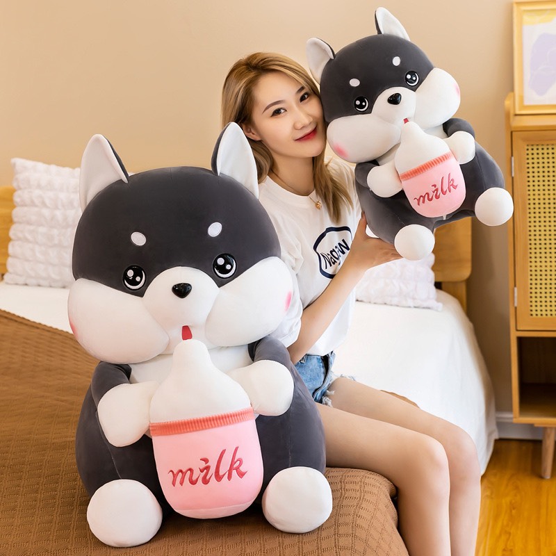 Gấu bông husky ôm bình sữa , uống sữa cực dễ thương- hàng nhập
