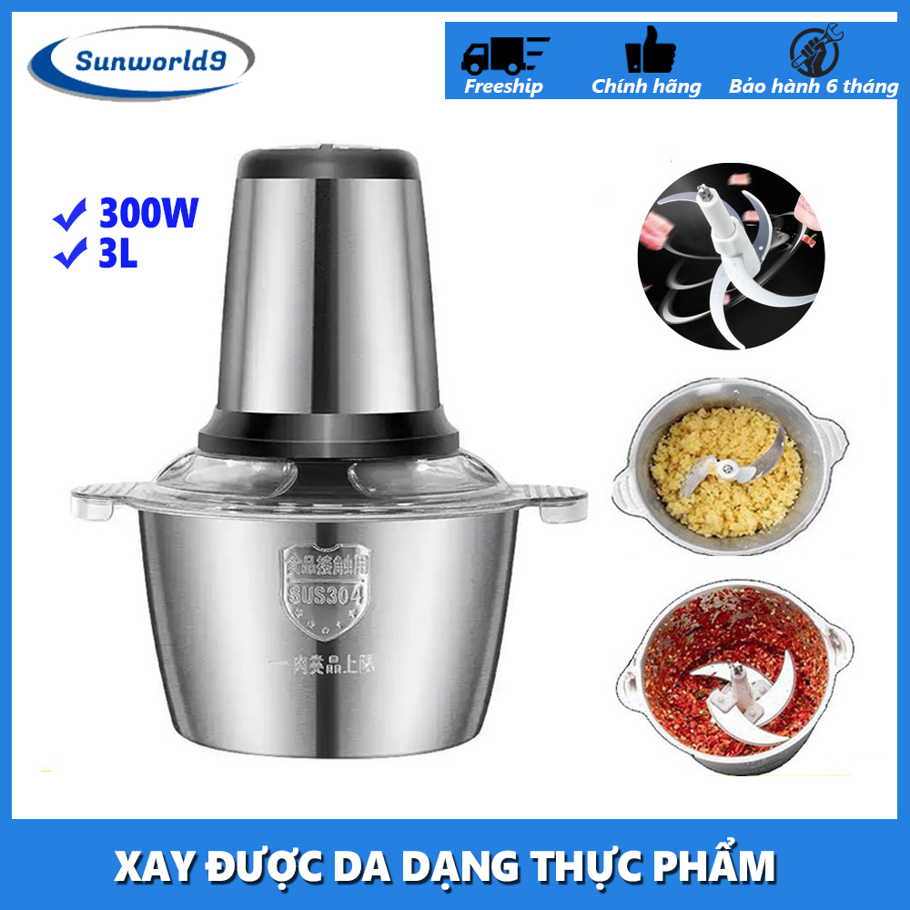 Máy xay inox đa năng 300w dung tích 3 lít, máy xay thịt bằng điện, máy xay đa chức năng, máy xay tỏi ớt, cắt rau củ quả