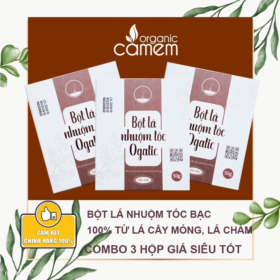 [HCM]Combo 3 hộp bột lá nhuộm tóc Ogatic Màu Nâu ( Đen Ánh Nâu ) hộp 50g