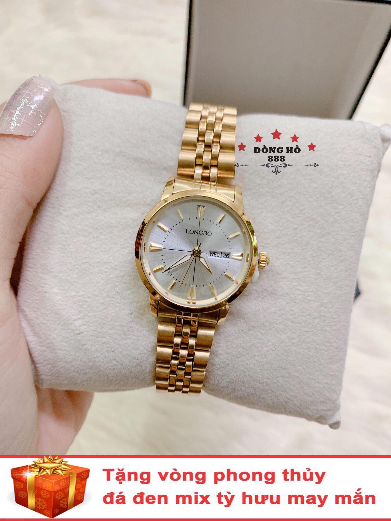Đồng hồ nữ LONGBO dây thép thời thượng có lịch ( LB80440 dây vàng mặt trắng ) - TẶNG 1 vòng tỳ hưu phong thuỷ