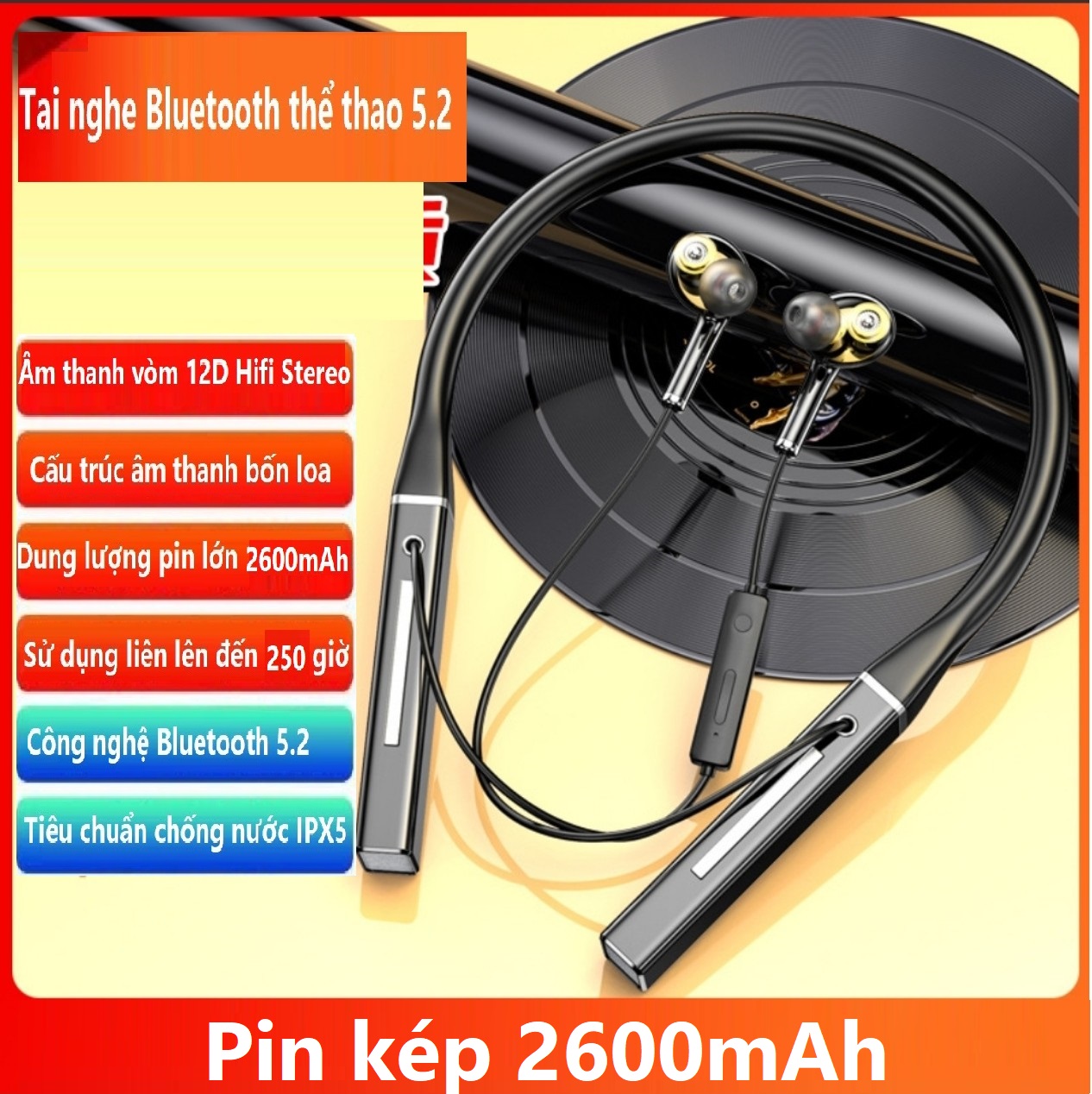 Tai nghe bluetooth không dây phiên bản 5.2 pin 2600mah nghe nhạc 250 giờ , âm thanh 12d ,tai nghe bluetooth thể thao, tai nghe chơi game.