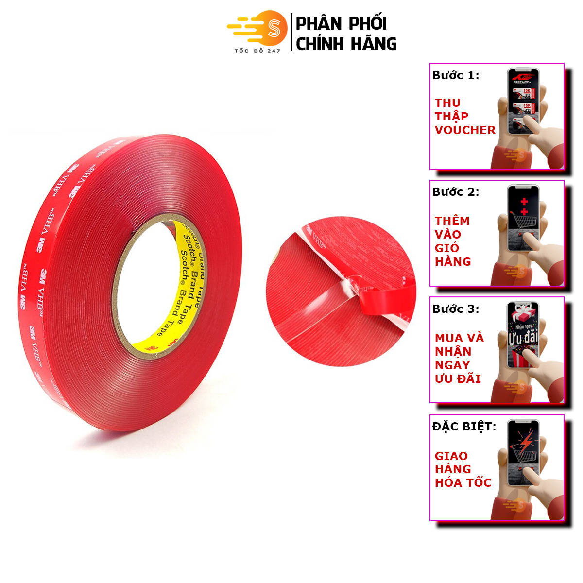 Băng keo cường lực trong suốt 3M khổ 24mm x 11m VHB 4905-2411 Tốc độ 247