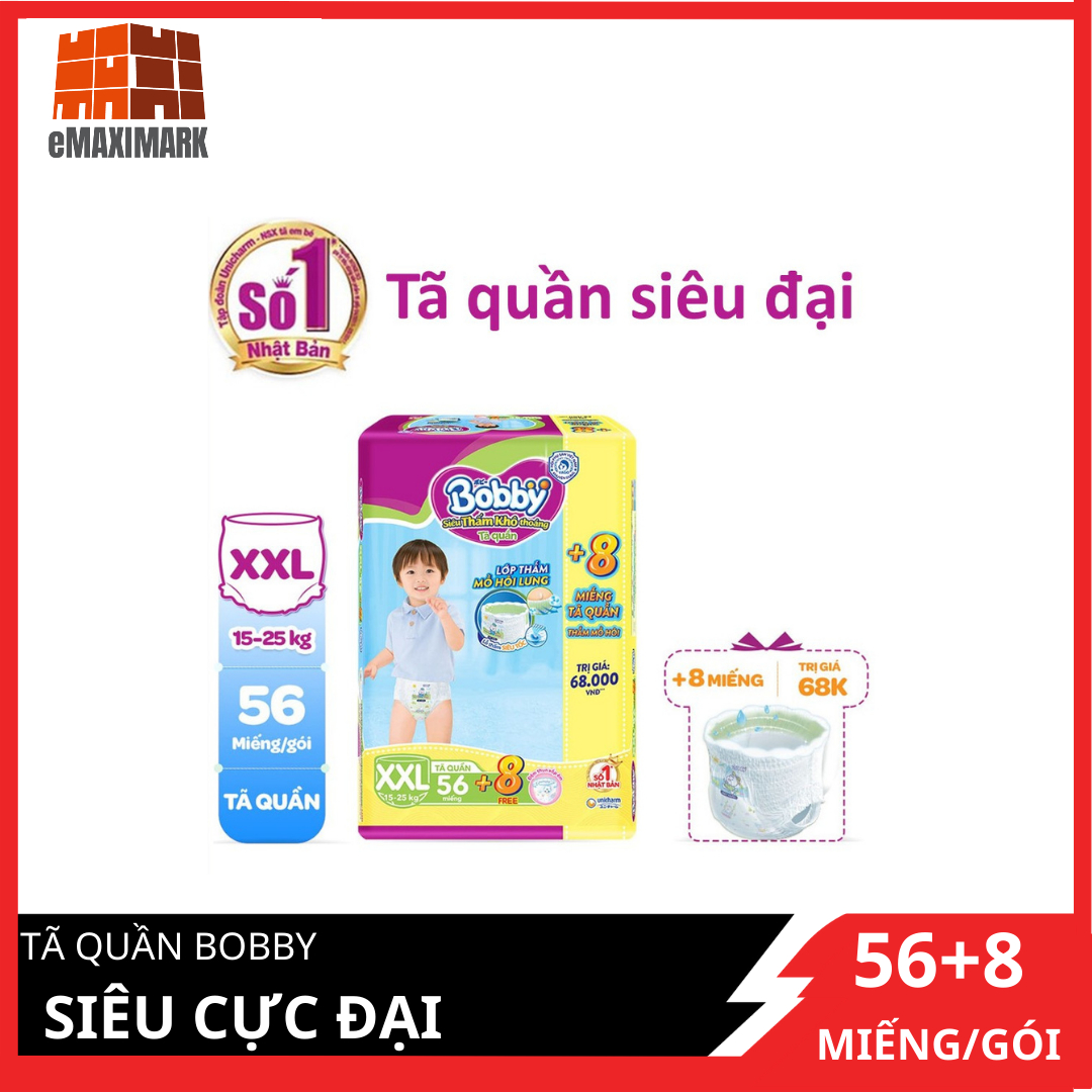 Tã quần bobby siêu cực đại 56 miếng tặng thêm 8 miếng jumbo xxl56+8
