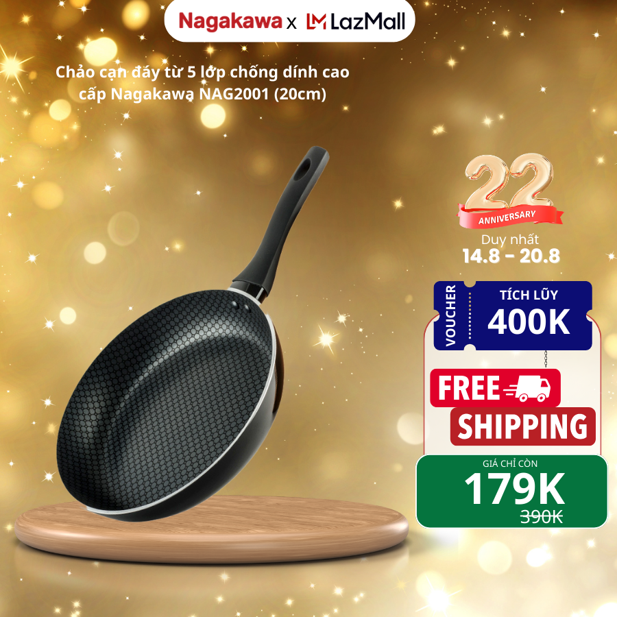 Chảo đáy từ Nagakawa 20cm NAG2001 phủ 5 lớp chống dính Teflon, dùng cho mọi loại bếp, tay cầm nhựa Bakelite siêu bền chống nóng