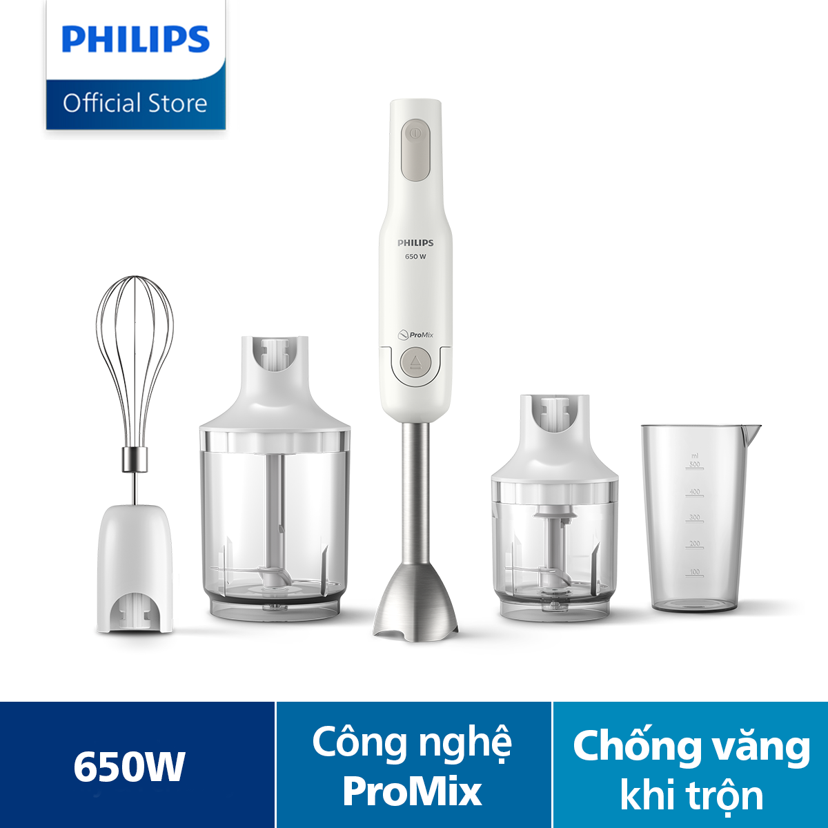 Máy Xay Cầm Tay Philips HR2537/00 Promix 650W (Trắng) -Dung Tích Cối Xl ,Giúp Xay Nhanh Và Mịn Chỉ Bằng Cách Nhấn Nút-Hàng Phân Phối Chính Hãng