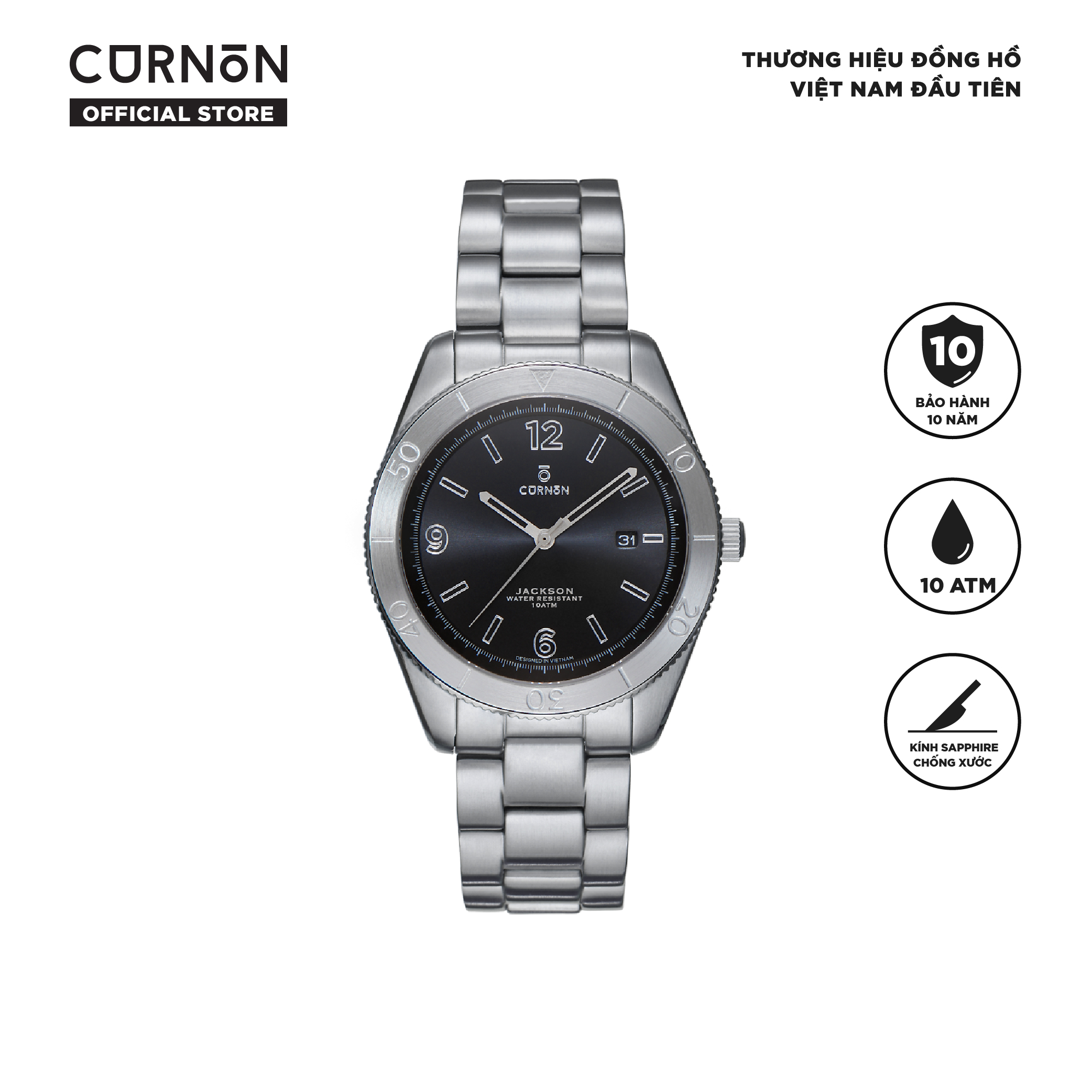 Đồng hồ nam Curnon Jackson Thunder dây thép cao cấp - Vòng Bezel đếm giờ