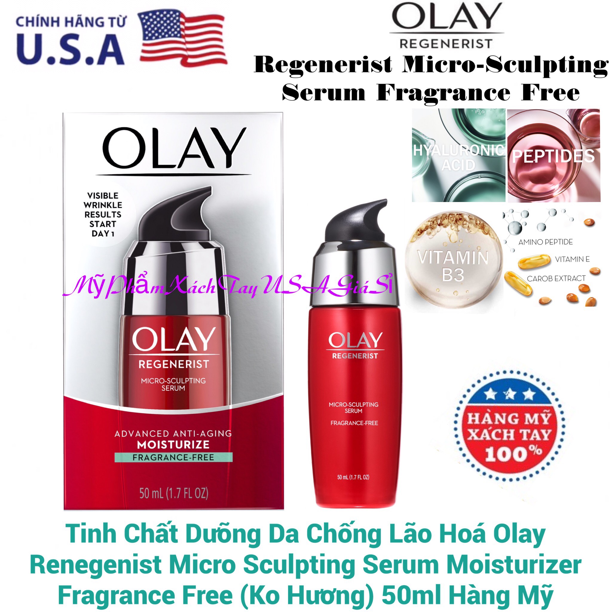 Serum Dưỡng Da Chống Lão Hoá Olay Regenerist Miro Sculpting Serum fragrance free Serum 50 ml (ko Hương) USA