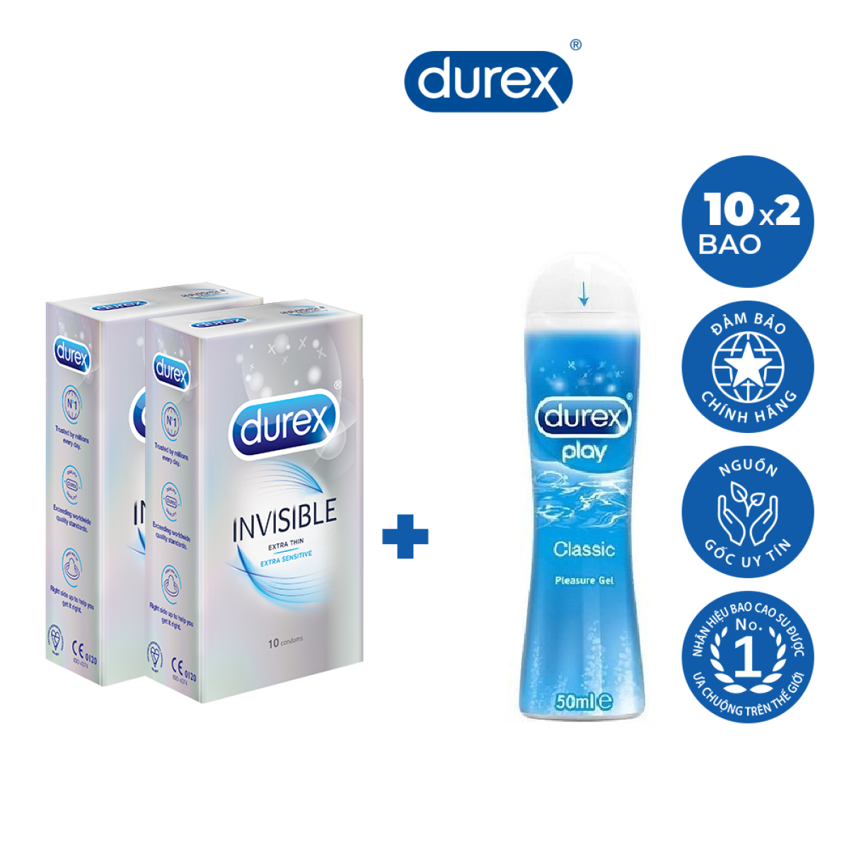 Bộ 2 Hộp Bao Cao Su Durex Invisible 10 Bao Tặng 1 Gel Bôi Trơn Classic 50ml [ Che tên sản phẩm khi giao hàng ]