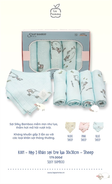 Set 5 khăn sữa lapomme sợi tre lụa đủ màu - chính hãng