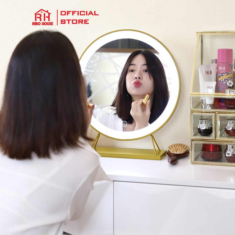 Gương để bàn trang điểm có đèn Led Ánh sáng trắng nổi bật nên khuôn mặt khung kim loại màu trắng đường kính 50 cm RIBO42