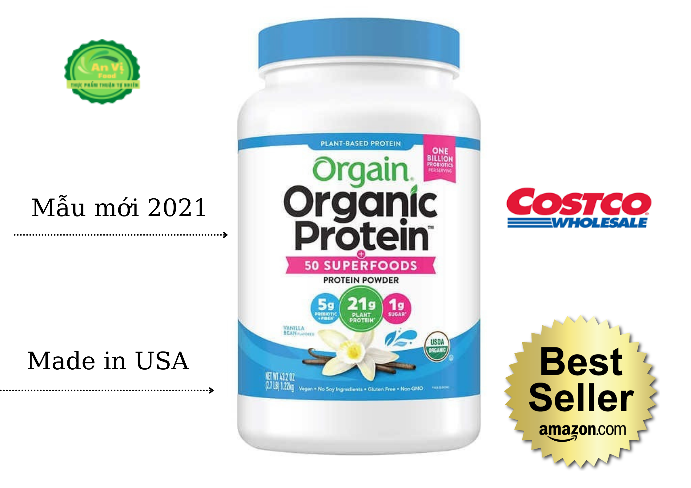 Bột protein hữu cơ Orgain Organic Plant Based Protein & Superfoods Powder Vanilla Bean 1.22kg