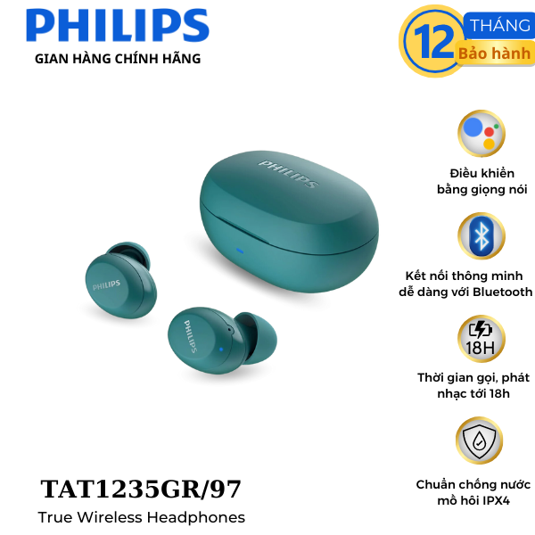 Tai nghe philips chính hãng, có bass, bluetooth, tat1235bl/97 ,màu xanh