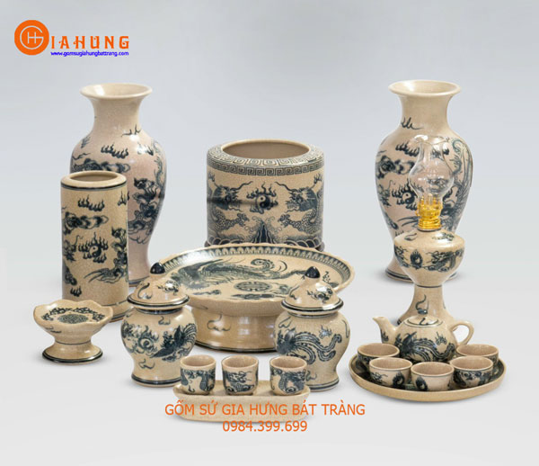Bộ đồ thờ men rạn cổ vẽ rồng phượng gốm sứ Bát Tràng BH16