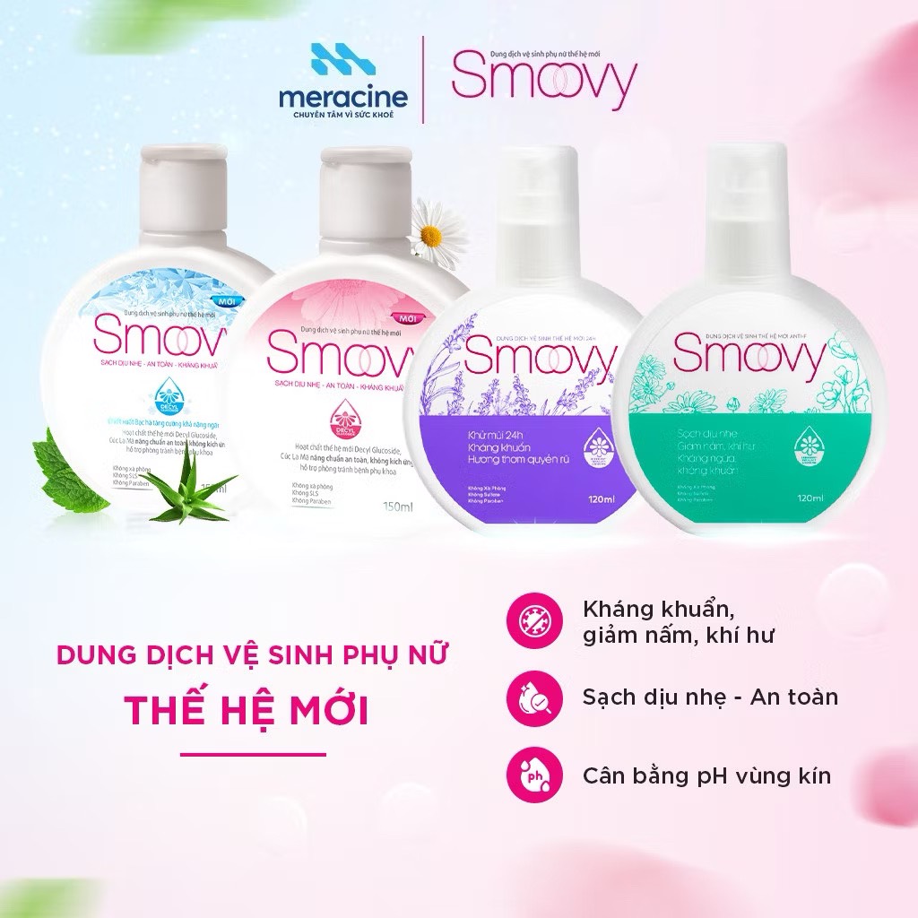 Dung dịch vệ sinh phụ nữ Smoovy làm sạch dịu nhẹ cân bằng pH, giảm ngứa, khử mùi và làm hồng vùng kín (150ml/chai) (Hồng, Xanh)