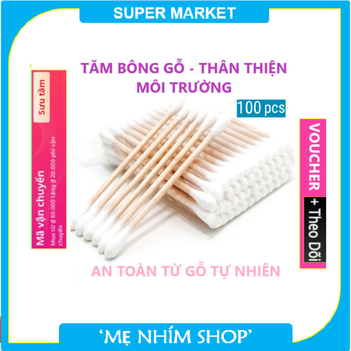 Gói 100 que Tăm Bông thân Gỗ bông gòn mềm mại kháng khuẩn, thân thiện môi trường đa công dụng - Hàng VN xuất khẩu