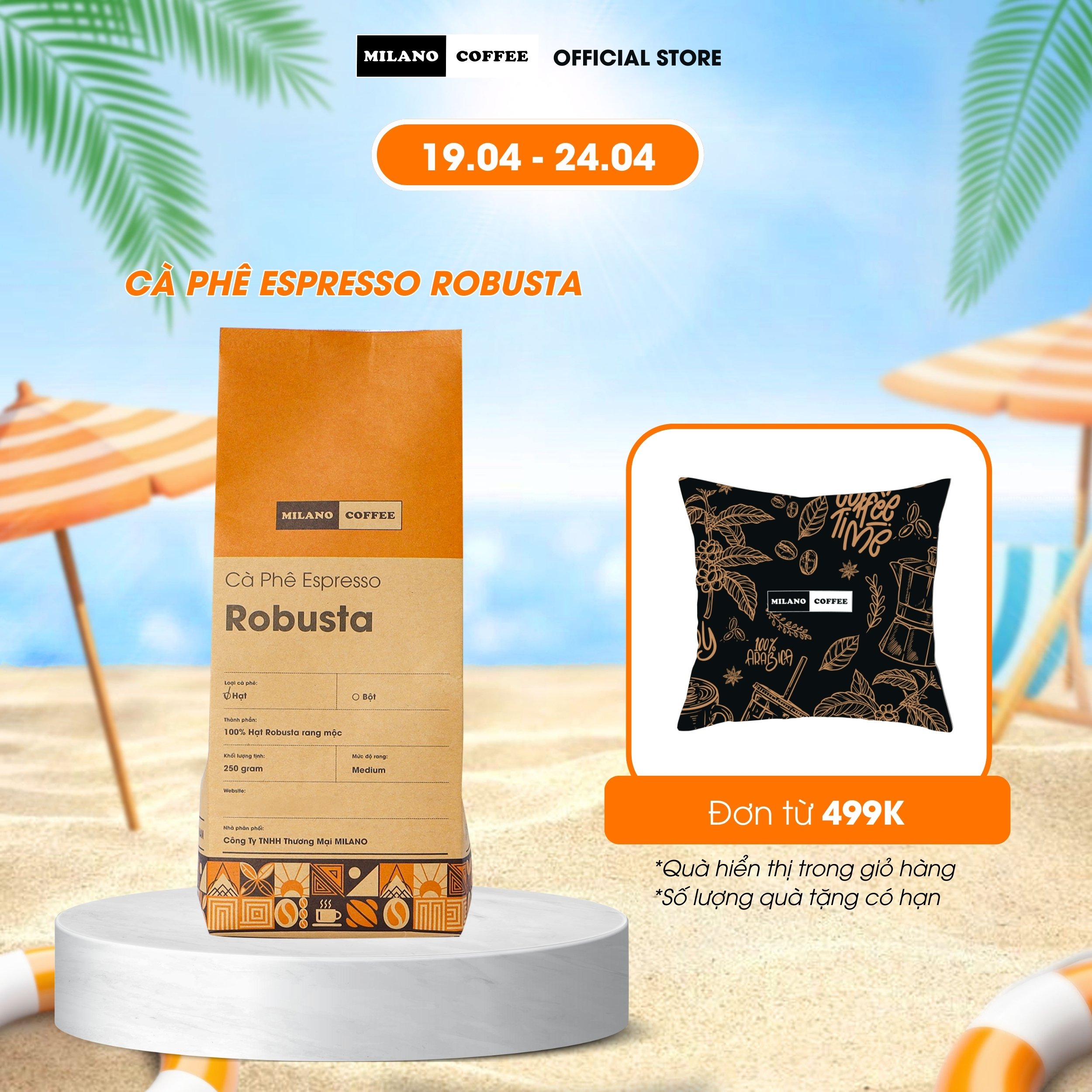 Cà phê hạt 100% ROBUSTA rang mộc nguyên chất MILANO COFFEE 250gr