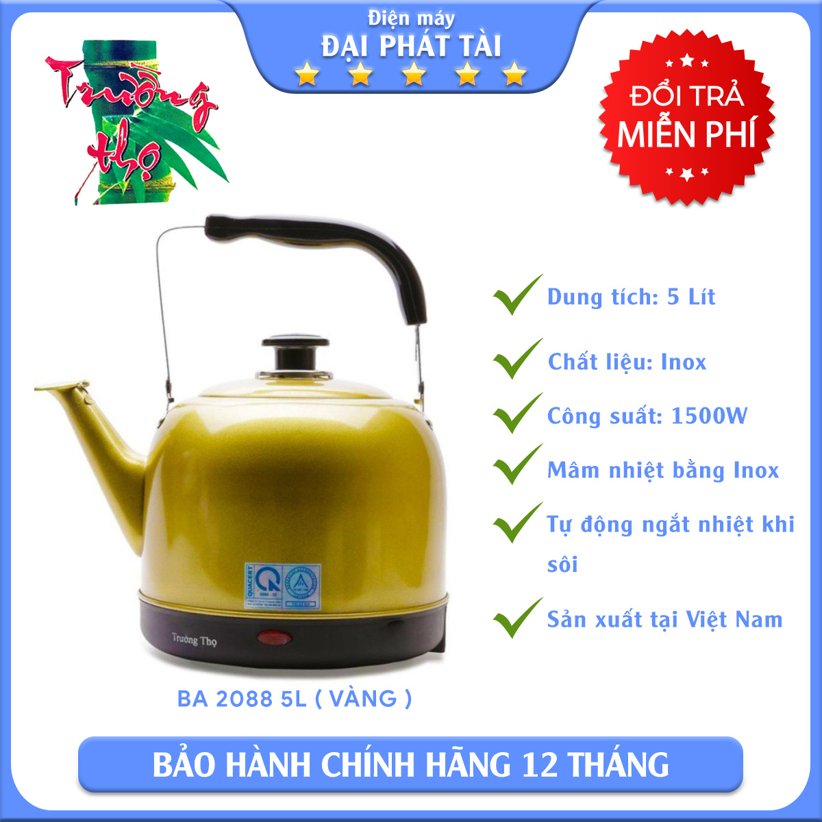 Ấm siêu tốc trường thọ ba 2088 5l