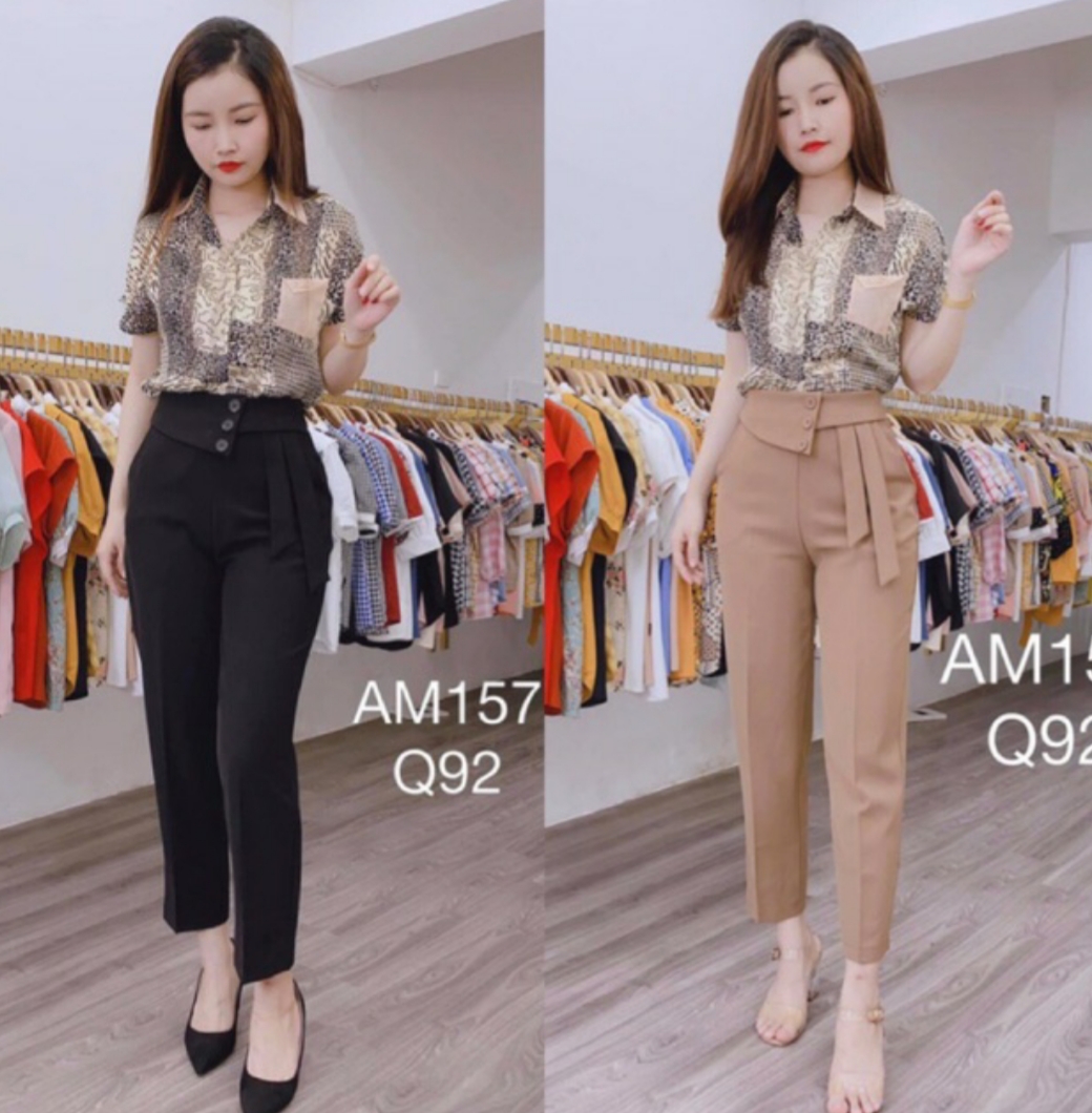 Quần tây baggy công sở đai cách điệu 2 màu Đen Be