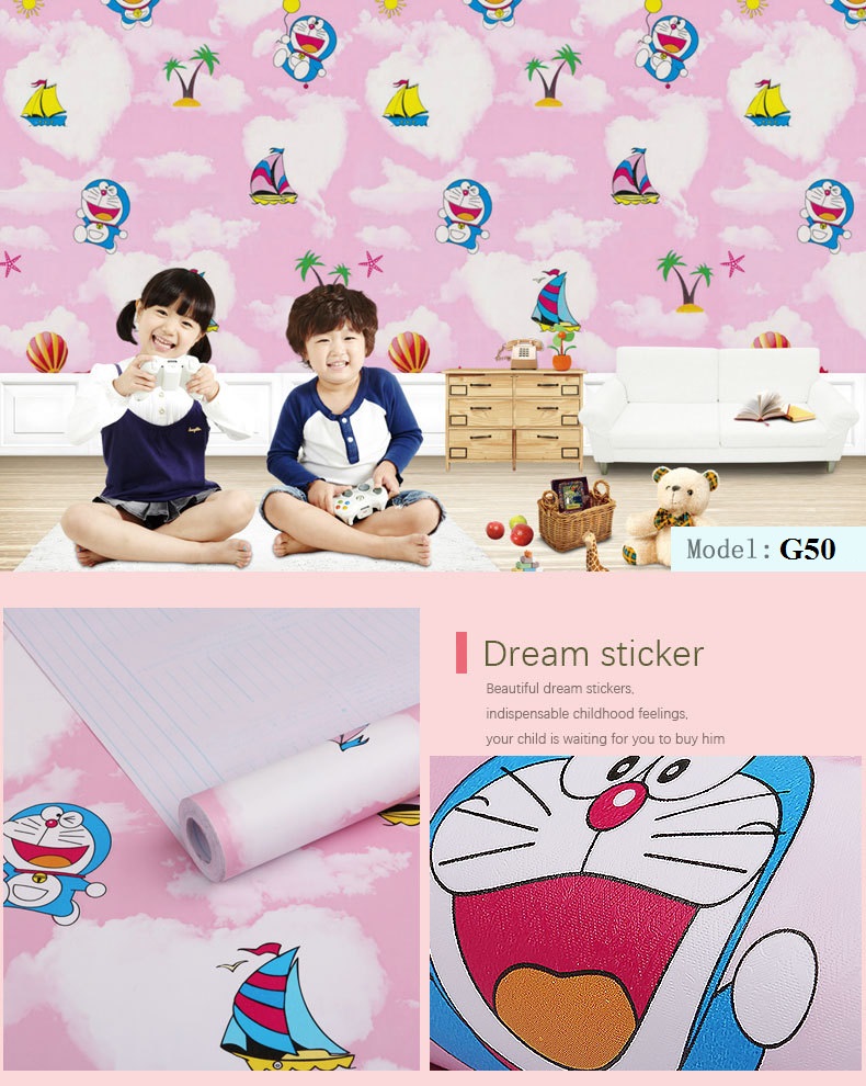 10m Giấy dán tường Doremon bầu trời hồng có sẵn keo khổ 45cm